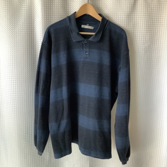 Geoffrey Beene Other - Geoffrey Beene Mens Polo Shirt Long Sleeve Blue Horizontal Stripes Heavy Weight
